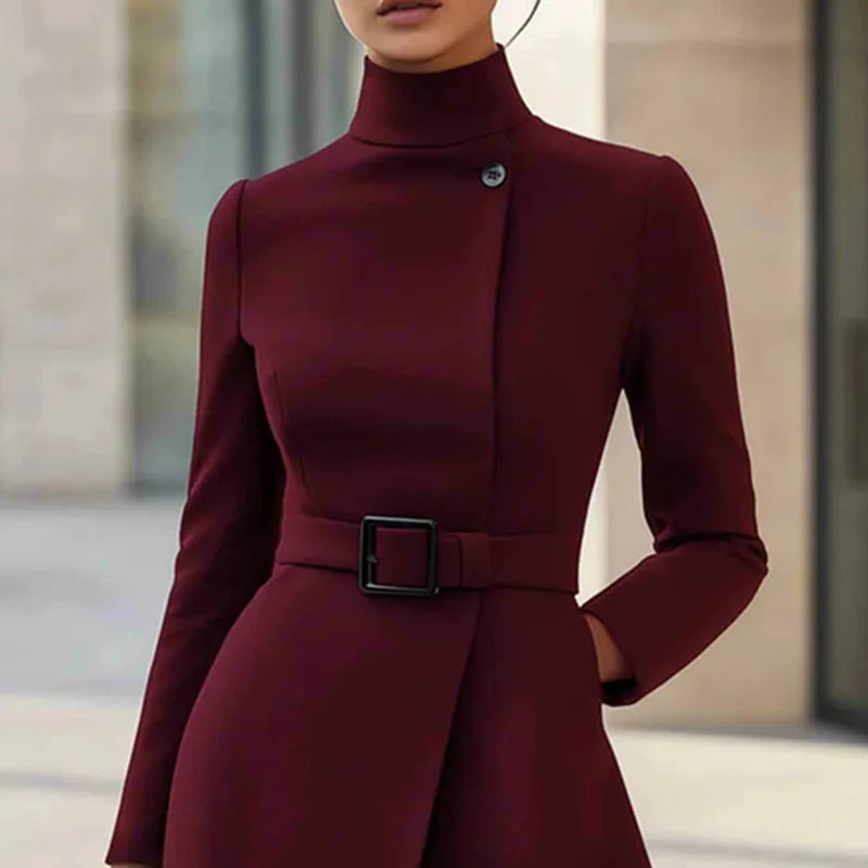 Turtleneck Solid A-Line Dress Elegant Button High Waist Pocket Long Sleeve Casual Party Dress