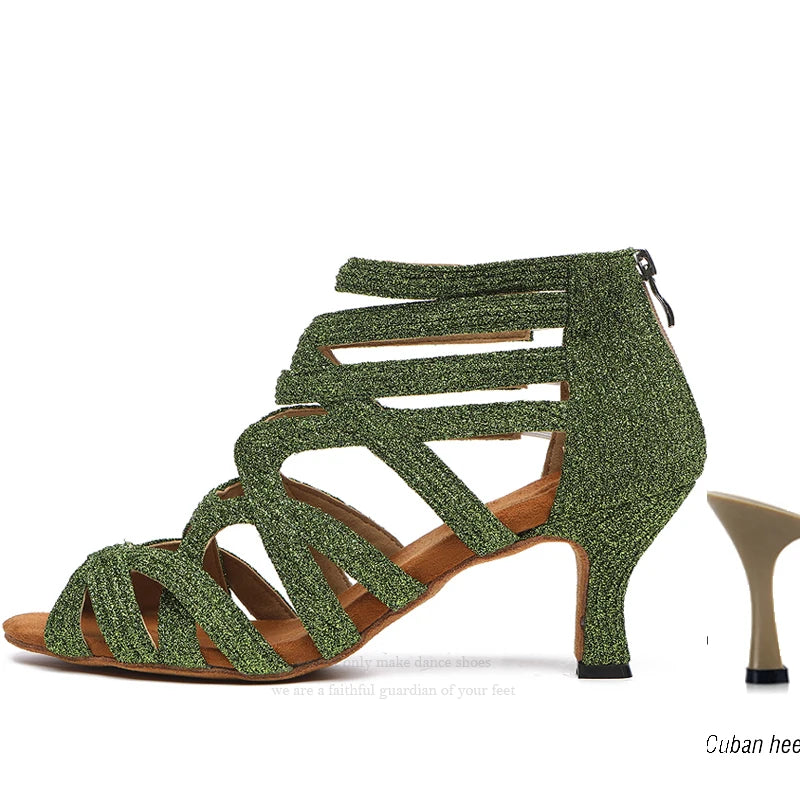 Dance Shoes Latin Gold Sandals For Women Cross straps Comfortable Low heel Square Samba Shoes