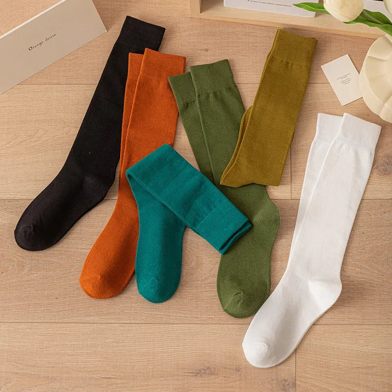 Women's Soft Cotton Knee High Long Socks Black White Solid Calf