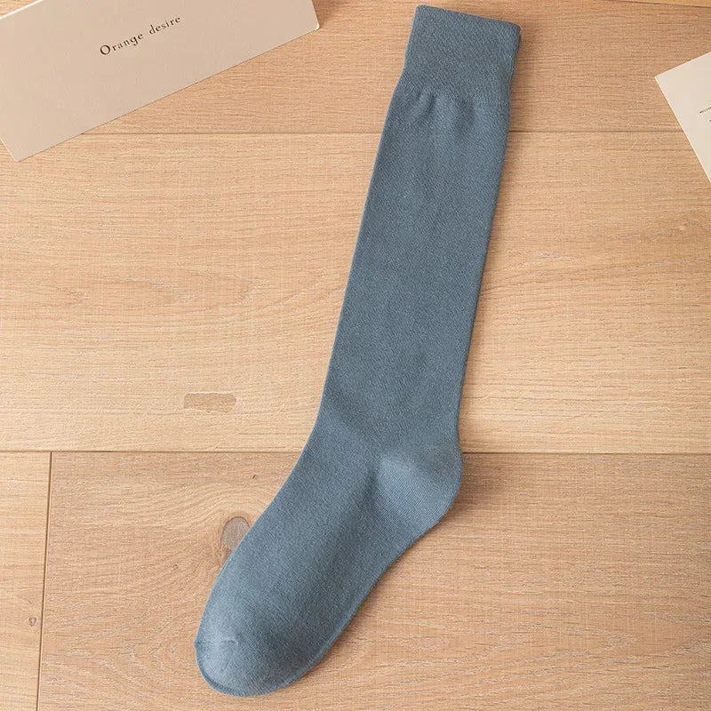 Women's Soft Cotton Knee High Long Socks Black White Solid Calf