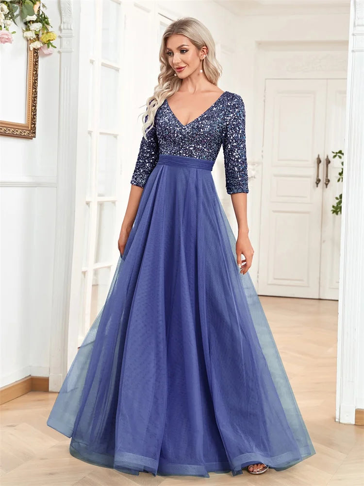 Luxury Floor Length V-Neck Evening Dress Party Maxi Dress Sequin Short Sleeves Prom Cocktail Gown