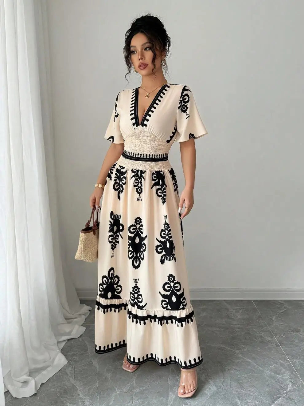 Women Summer Long Dress Vintage Print Maxi Gown V Neck Short Sleeve Tight Waist A Line