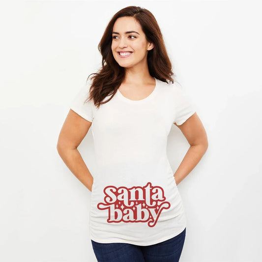 Christmas Santa Baby Print Maternity T-shirt Xmas Casual Pregnant Clothes Pregnancy Announcement T-shirt for Pregnant Women