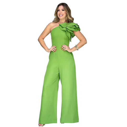 Spring Summer Fashionable Ruffle Hem Sleeveless High-Waisted Diagonal Jumpsuit Ruffle Edge Solid One Shoulder