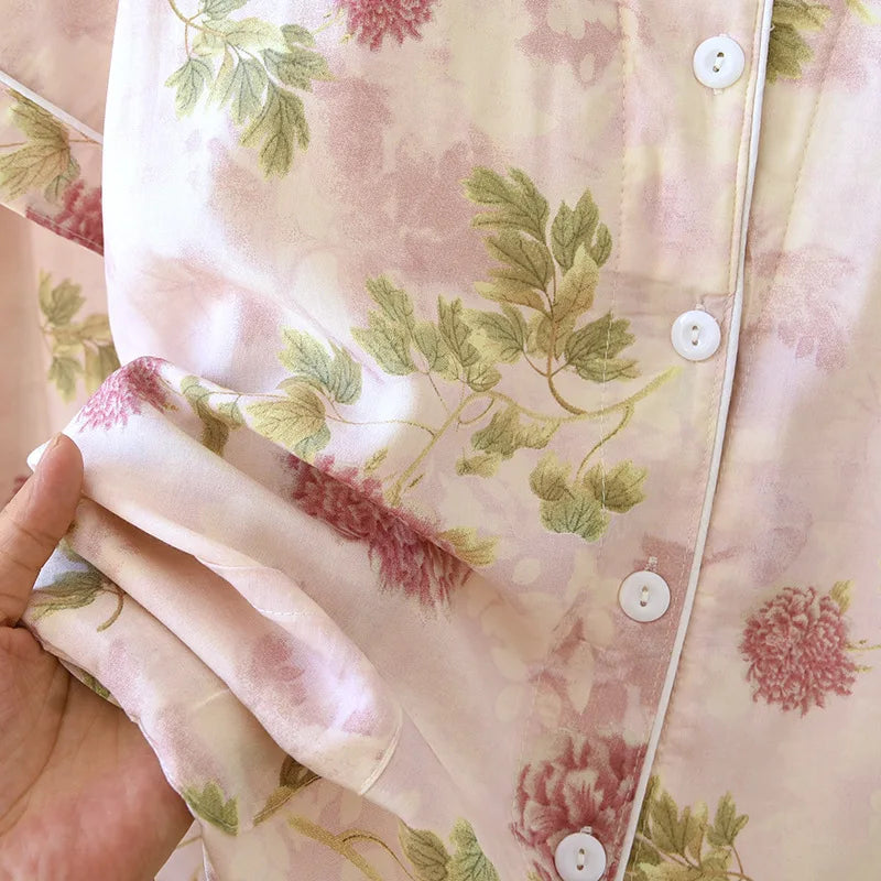 Thin Summer Floral Woman Pajama Sets Nightwear Top and Pants