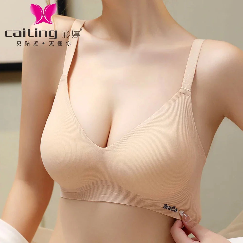 CAITING Beautiful Back Latex Cup Bra One-piece Seamless Bra Women Wireless Push Up Underwear Sexy Deep V Padded Bralette Female