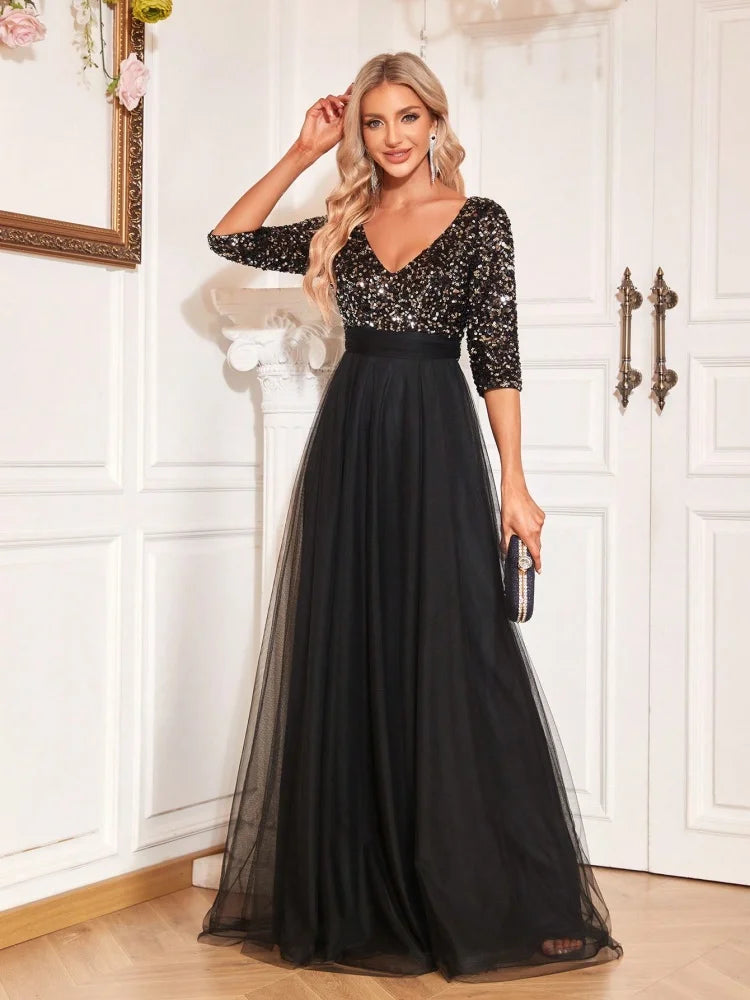 Luxury Floor Length V-Neck Evening Dress Party Maxi Dress Sequin Short Sleeves Prom Cocktail Gown