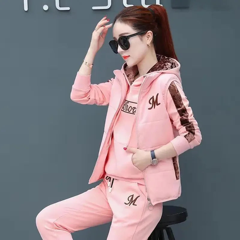 Thickened Fleece Women's Sweatshirt Set Three-piece Casual Sportswear Warm Autumn Winter Plus Size