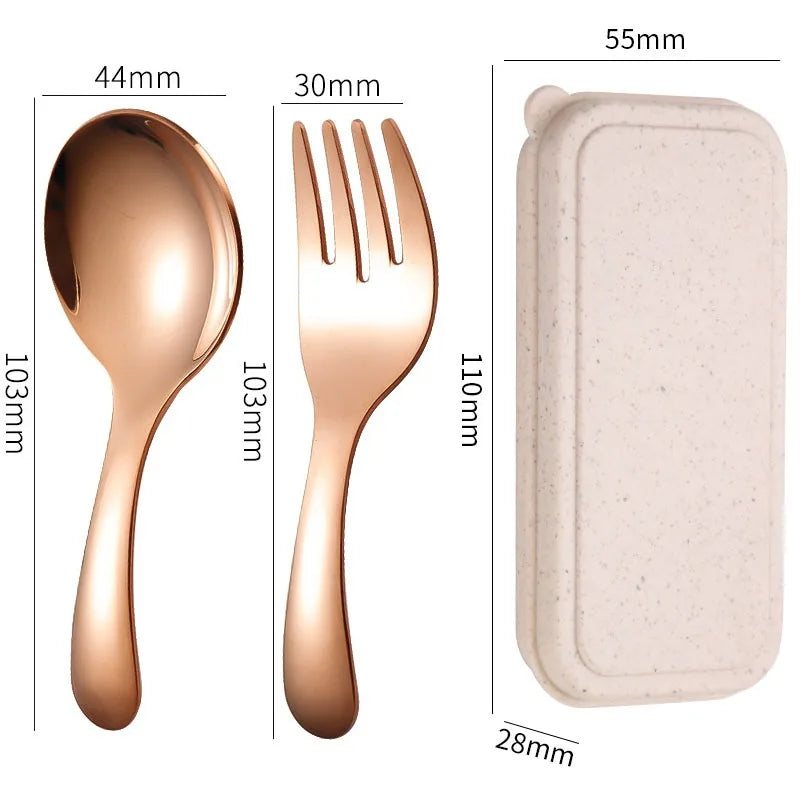 Mini Portable Stainless Steel Spoon Fork Set Storage Dessert Fruit Tool for Work School Short Handle Tableware Suitable for Kids