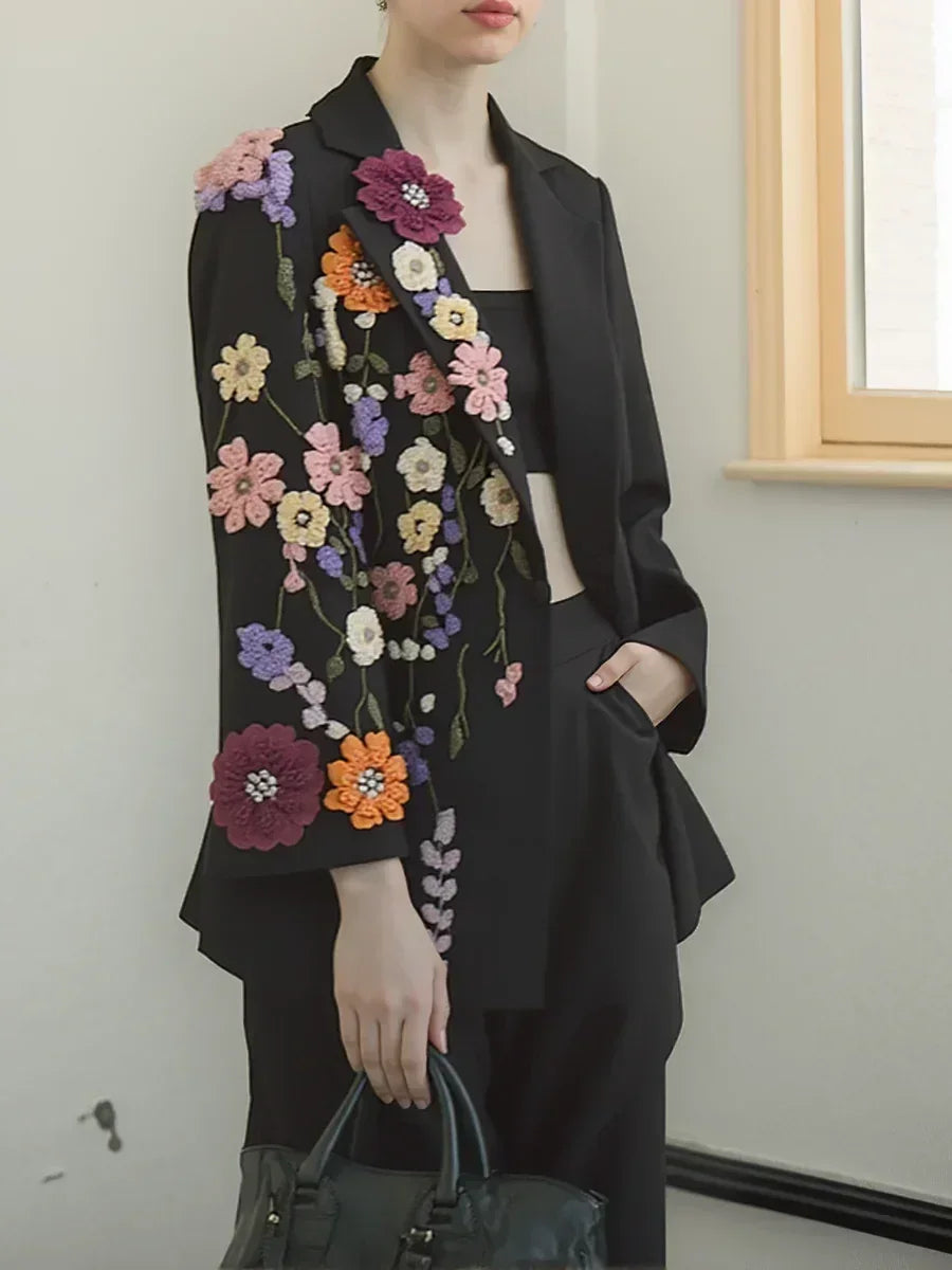 TWOTWINSTYLE Hit Color Spliced Appliques Fashion Blazers for Women Lapel Long Sleeves Patchwork Bead Temperament Blazer Female
