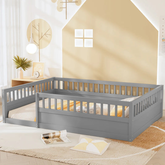 Full Floor Wood Bed Frame with Fence for Bedroom or Playroom Color Gray
