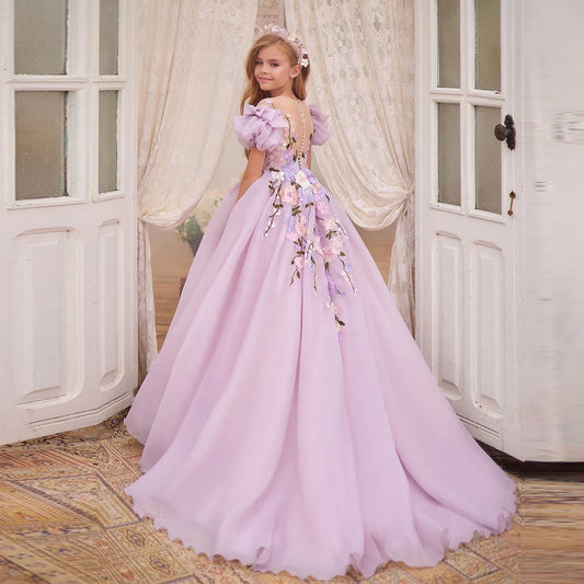 Flower Girl Dress Applique Short Sleeve Puffy Tulle With Bow Party Dress