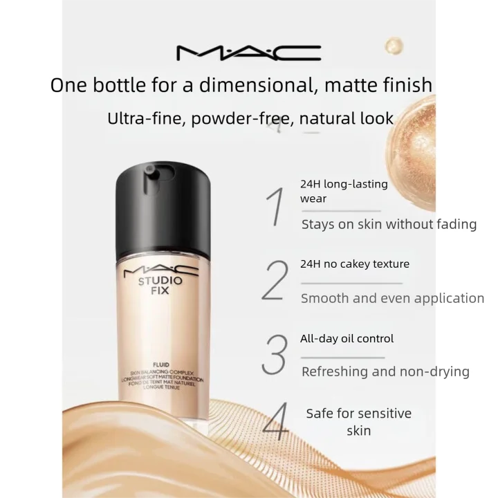 MAC Studio Fix Fluid 30ml - 24HR Matte Finish, Oil Control, Full Coverage Make Up Foundation (Shades: N12/NC12/NC15/N18)