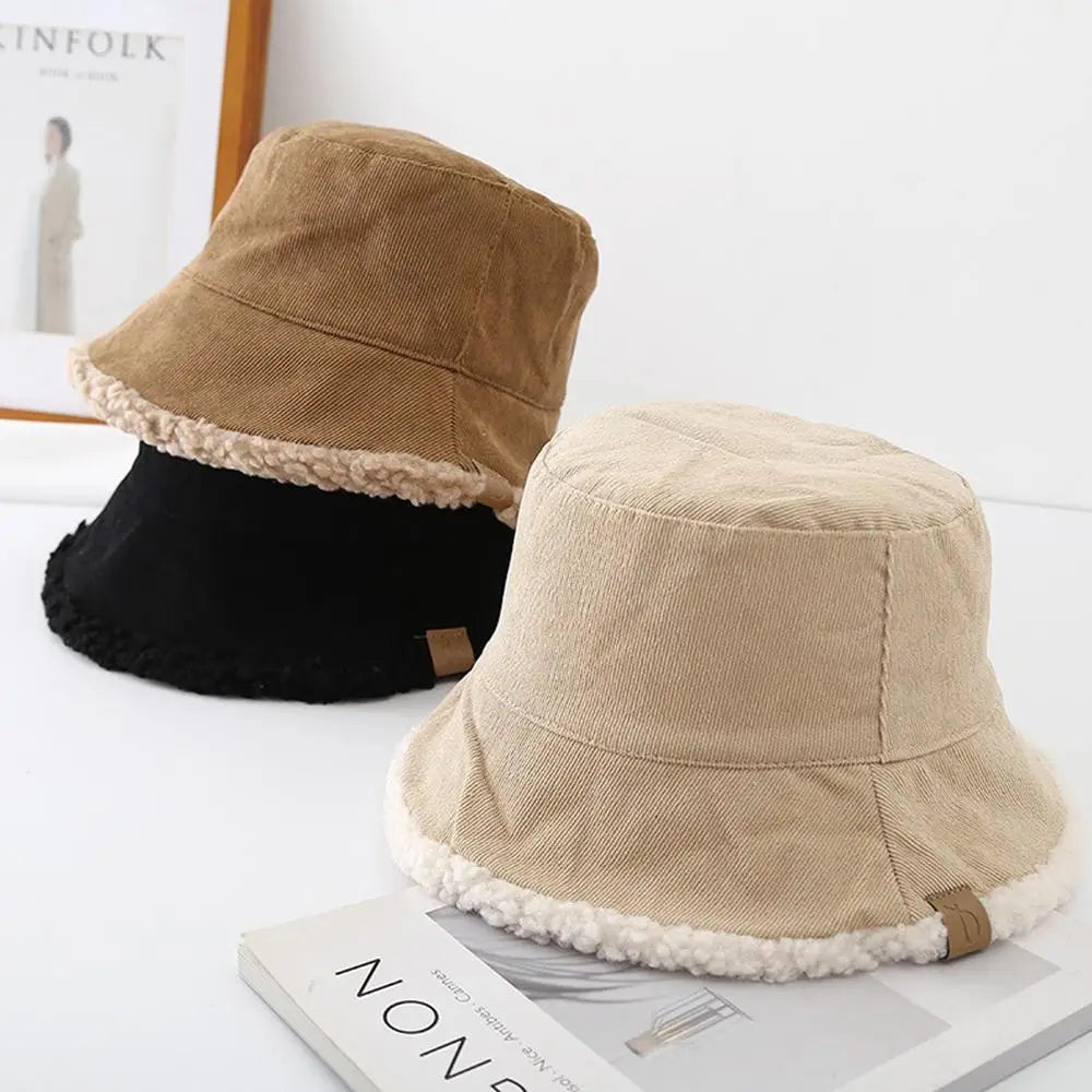 Winter Bucket Hat Thickened Soft Fisherman Cap Warm Corduroy Beanies