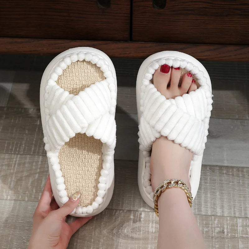 Winter Women Slippers Open-Toe Cross Band Linen Soled Indoor Non-Slip