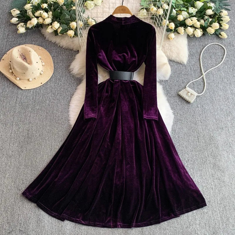 Women Winter Elegant Velvet Dress Evening Party Long Dress