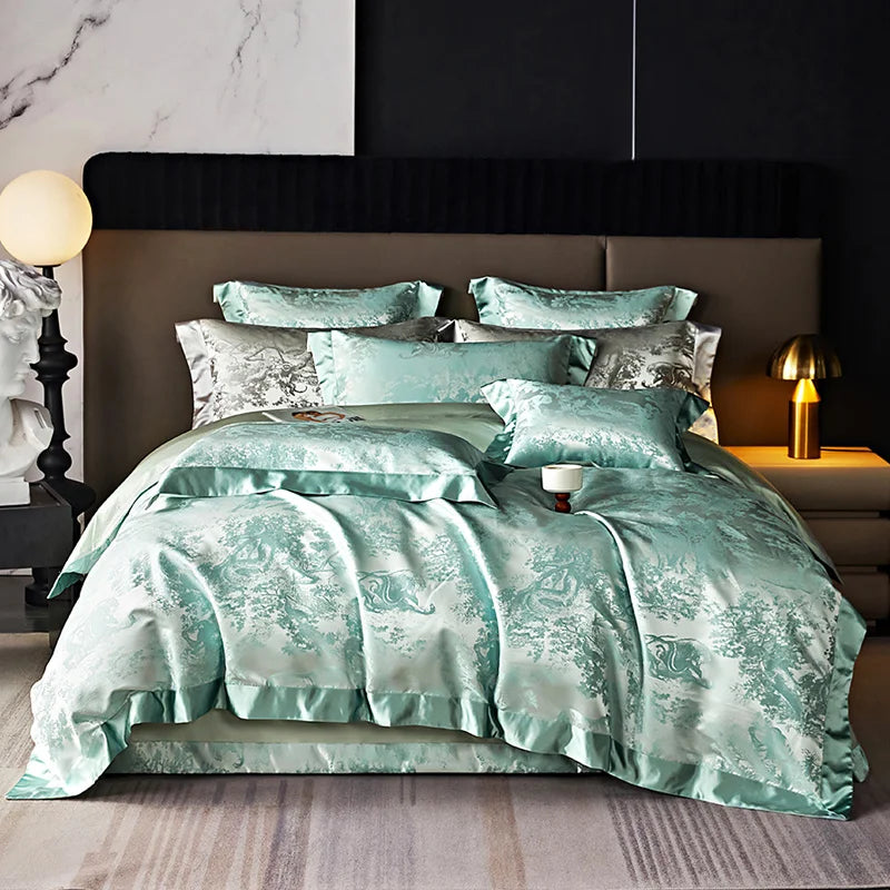 4/6Pcs Luxury Beige Gold Brocade Jacquard Egyptian Cotton Bedding Set Duvet Cover Flat/Fitted Bed Sheet Pillowcases