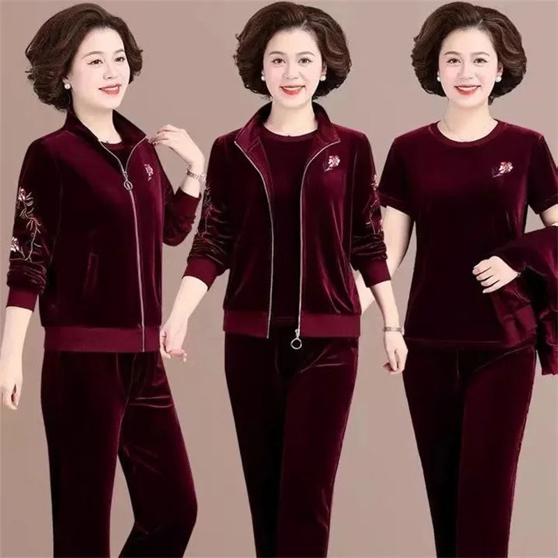 Women Spring Autumn Golden Velvet Set Casual Suit Embroidery Coat Straight Trousers 3-piece Sets