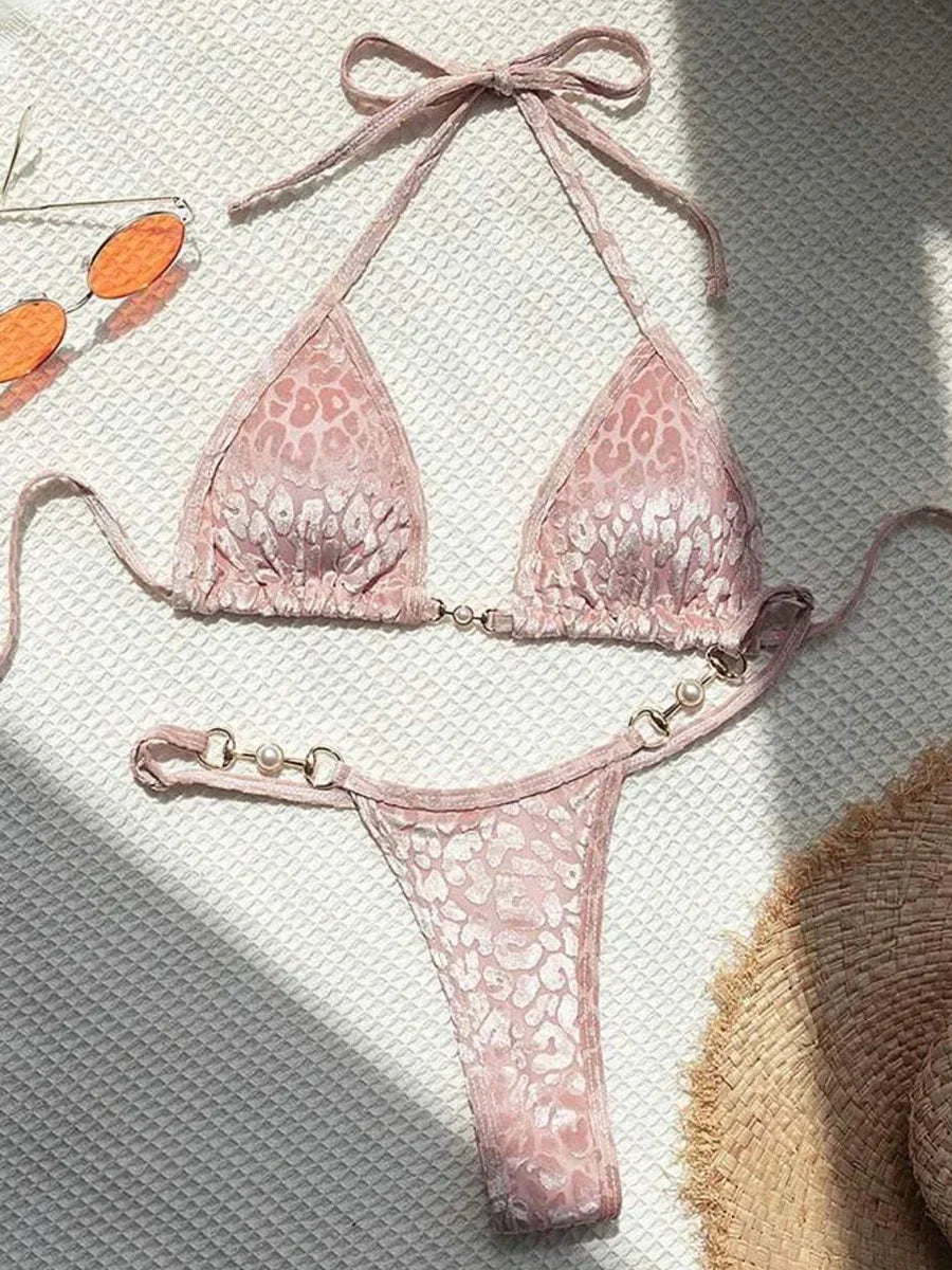 Sexy Leopard Velvet Bikini Bra Thong Swimwear Two-piece