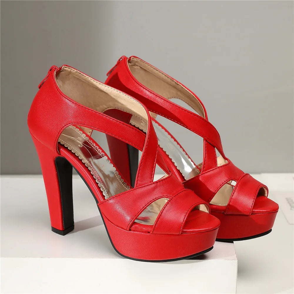 Women Sandals Zipper Ankle Strap Cross Tied High Heels Platform Shoes