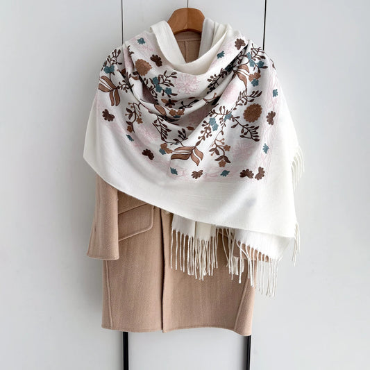 Many Colors Floral Warm Scarf For Women 70*210cm Luxury Faux Cashmere Shawl Winter Thick Pashmina Tassels Poncho Elegant Wrap