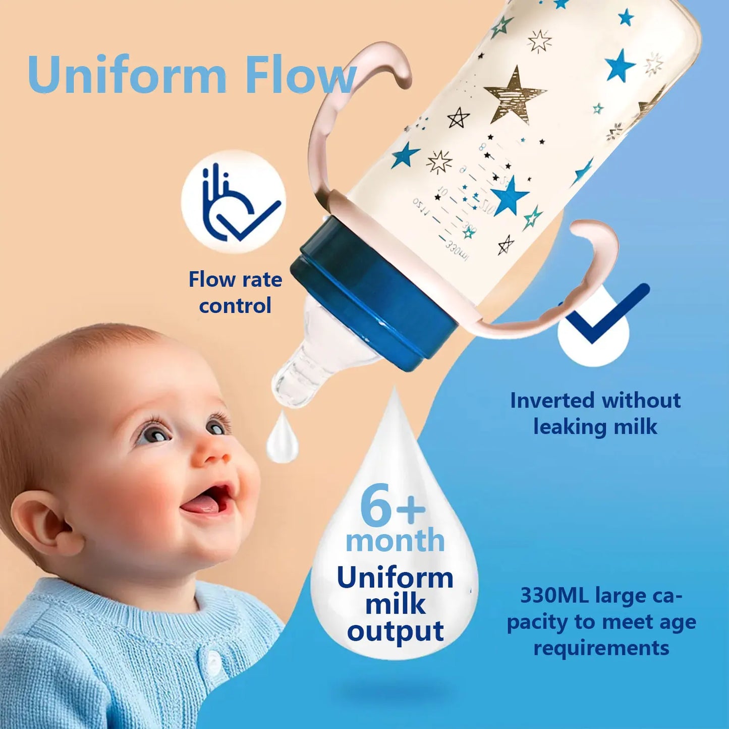 1PC 330ml large-capacity baby feeding bottle star PP wide diameter anti-fall lightweight ergonomic handle design