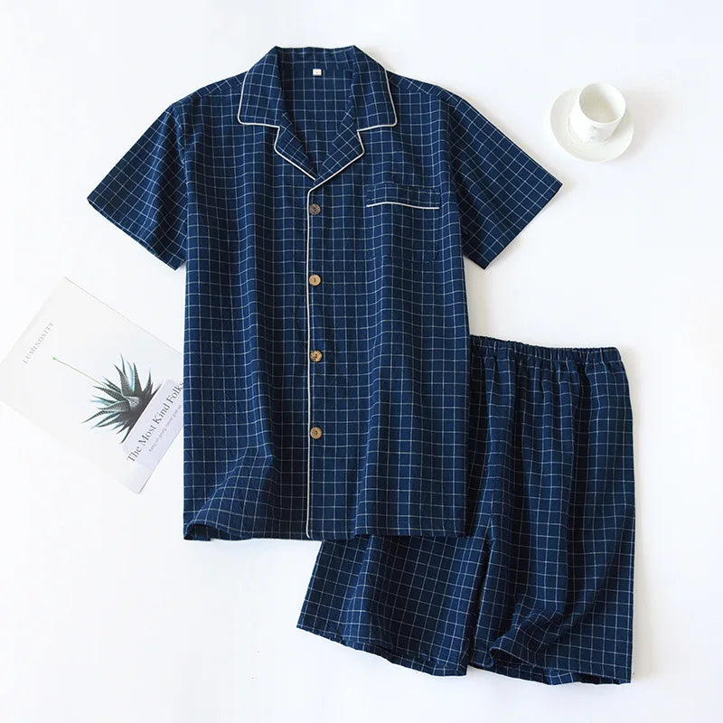 Men's Pajamas Summer Thin Short-sleeved Shorts Cotton Plaid