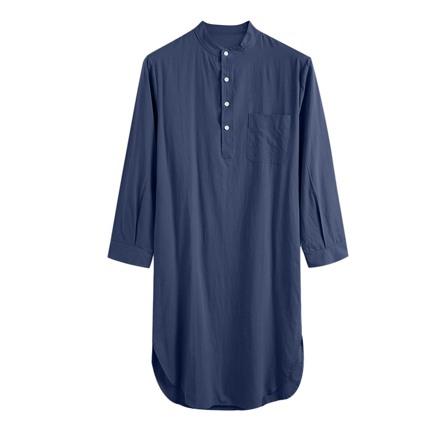 Men's Comfortable Cotton Button-down Sleep Robe Solid Color Stand Neck Long Sleeve Nightgown