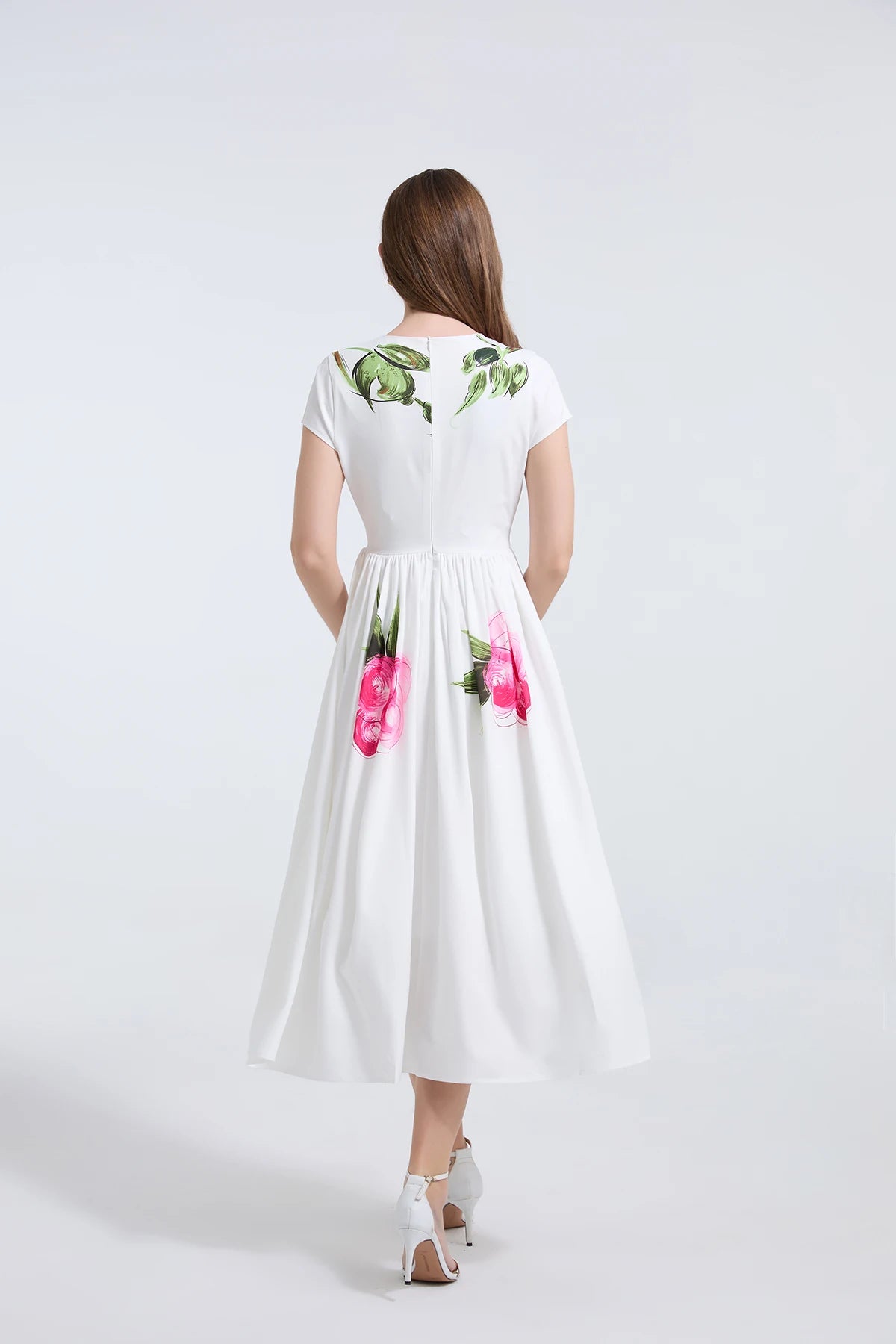 Summer French Women's Retro Pink Flower Waist Cinching Slimming Big Swing Dress Elegant Anti-aging Short Sleeved Skirt