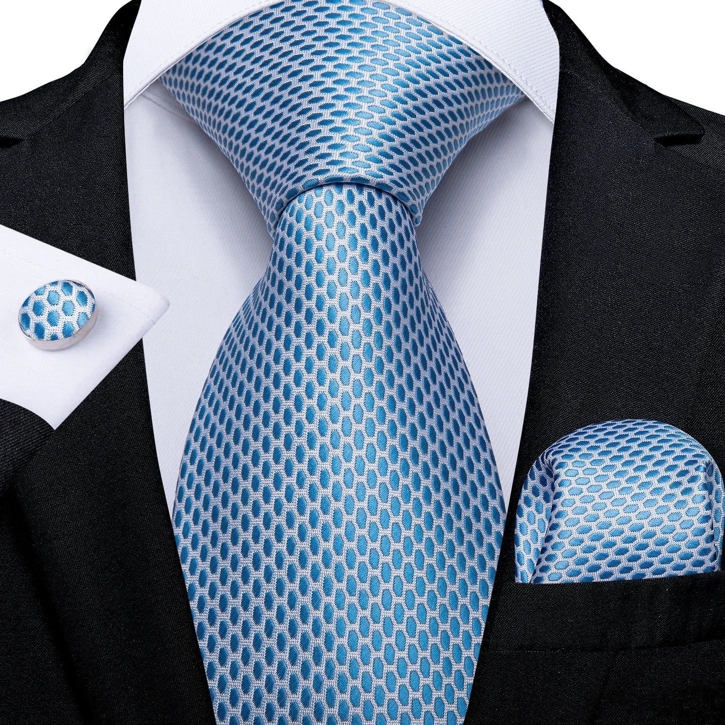 New Classic 100% Silk Men's Ties 8cm Blue Plaid Dot Striped Business Necktie Handkerchief Wedding Party Tie Set