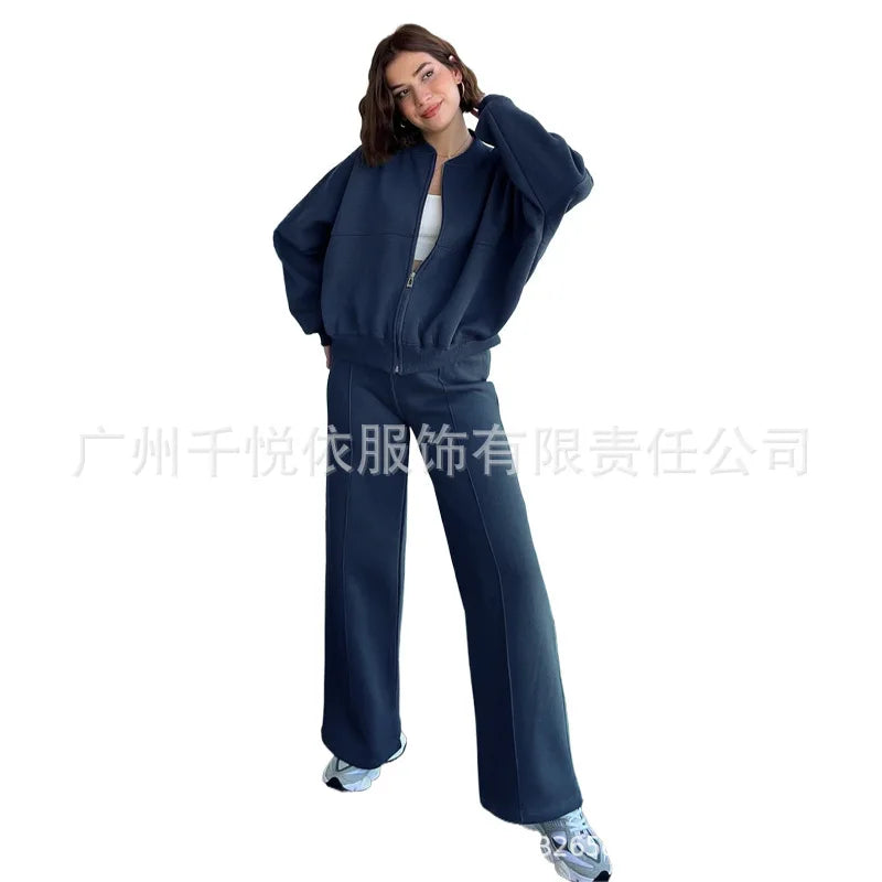 Women Casual Solid Pant Sets Two Piece Sweatshirts Full Sleeve Zipper Coats Long Pants Pockets Autumn Winter
