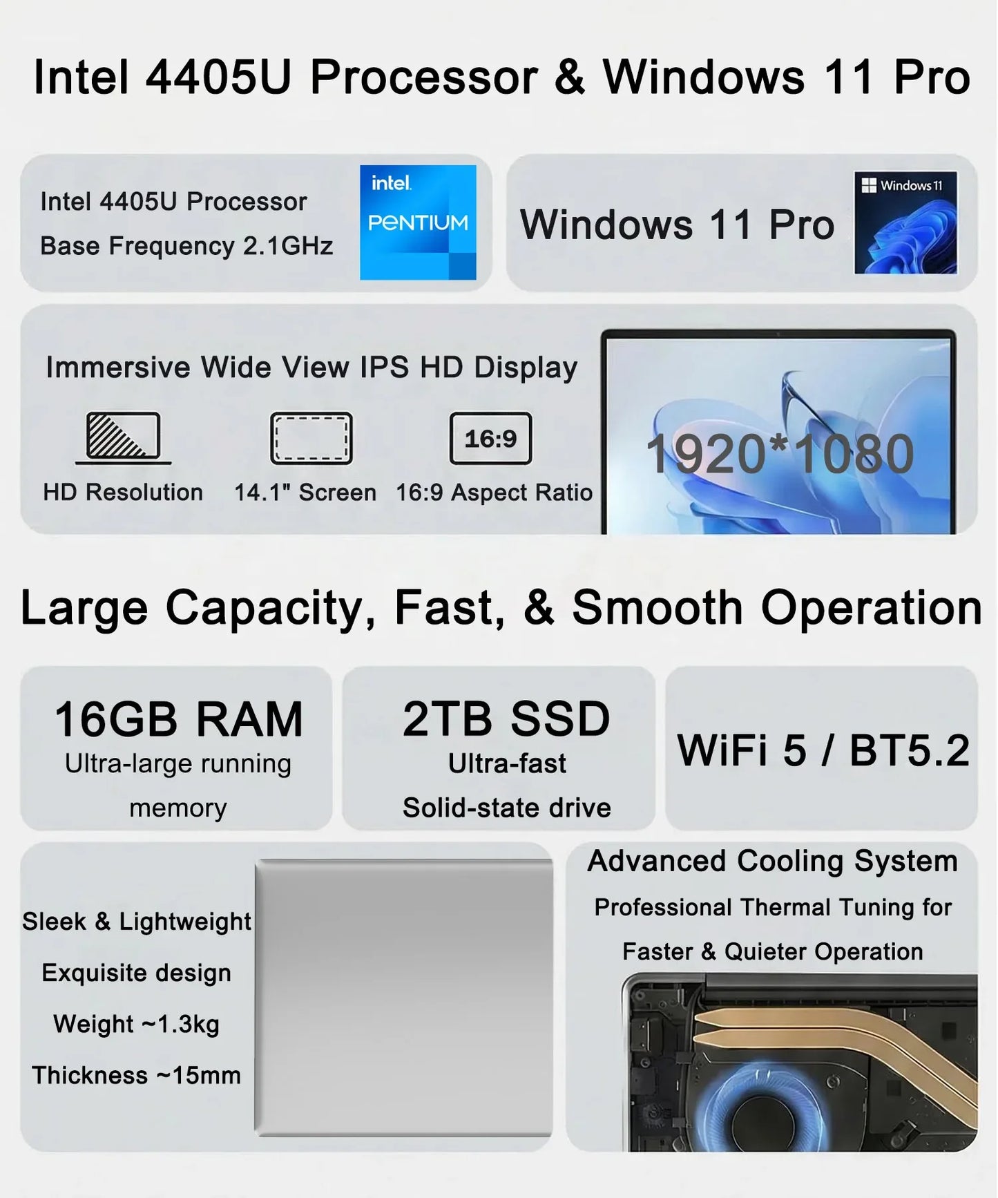 14.1 Inch FHD Ultra Thin Laptop Intel N3700/4405U Win11 DDR4 16GB/32GB RAM 2TB SSD Portable Business Office Notebook PC