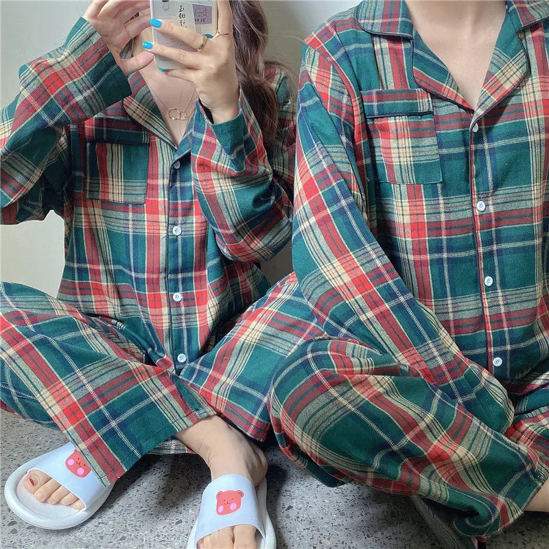 Green Christmas Pajamas Couple Pajama Set Simple Plaid Sleepwear Cotton  Autumn Winter Women