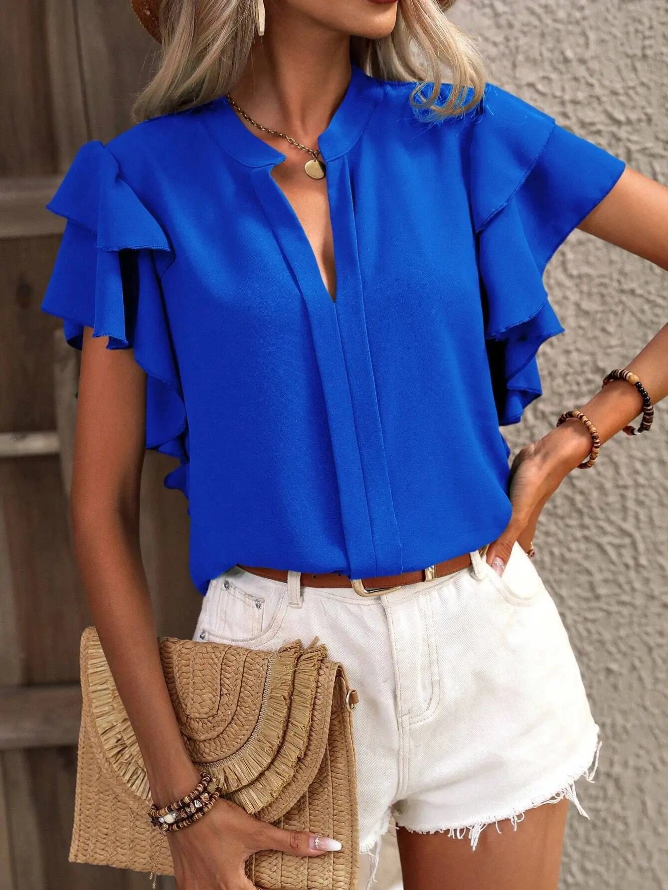 Elegant Women Summer Blouse V-neck Casual Double Layered Ruffle Sleeves