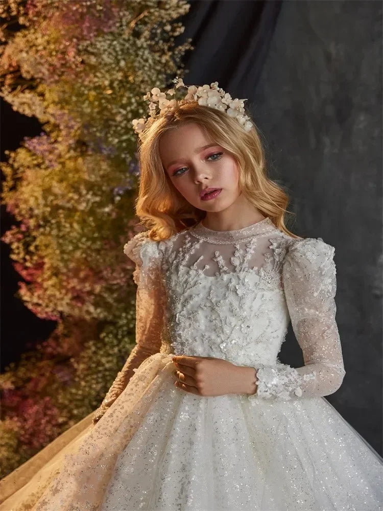 Luxury Sequins Flower Girl Dress For Wedding Party Baptism Birthday Gowns Tulle High Neck
