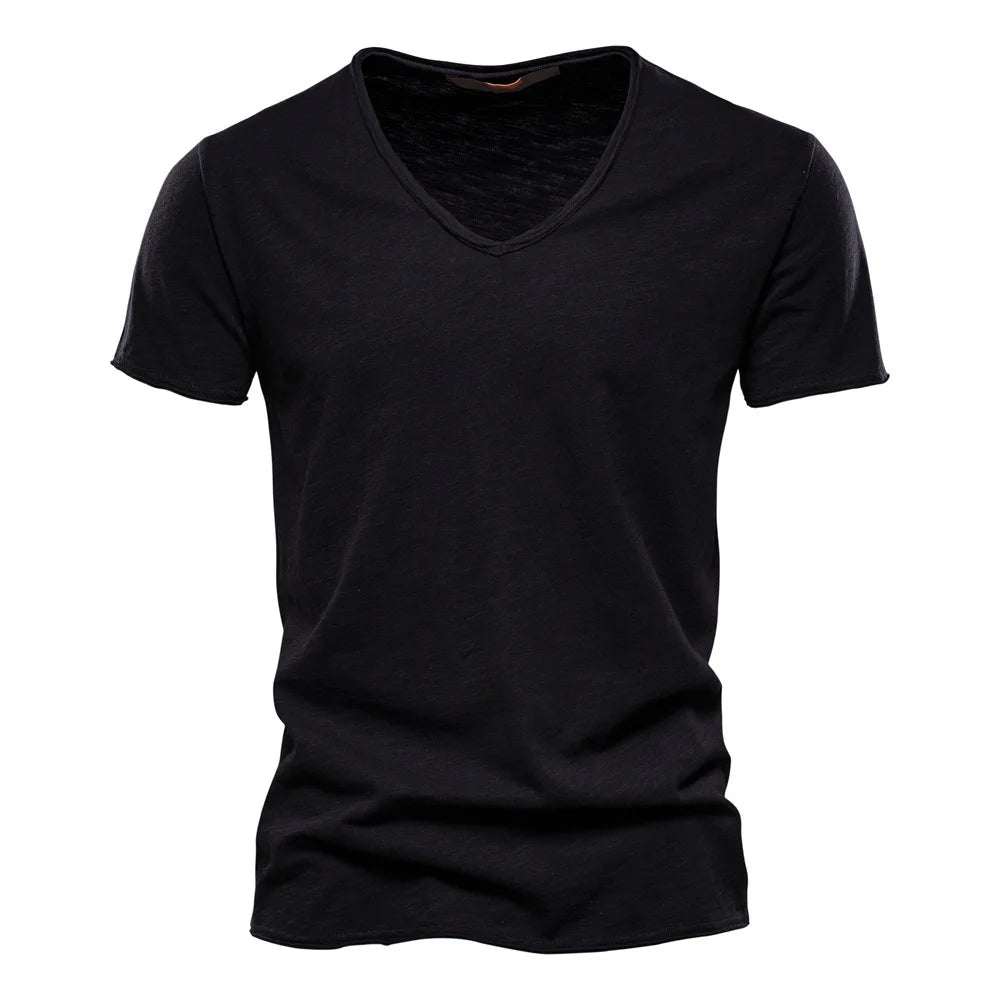 S-5XL 100% Cotton Men's T-Shirts Fashion Design V-neck Casual Slim Fit