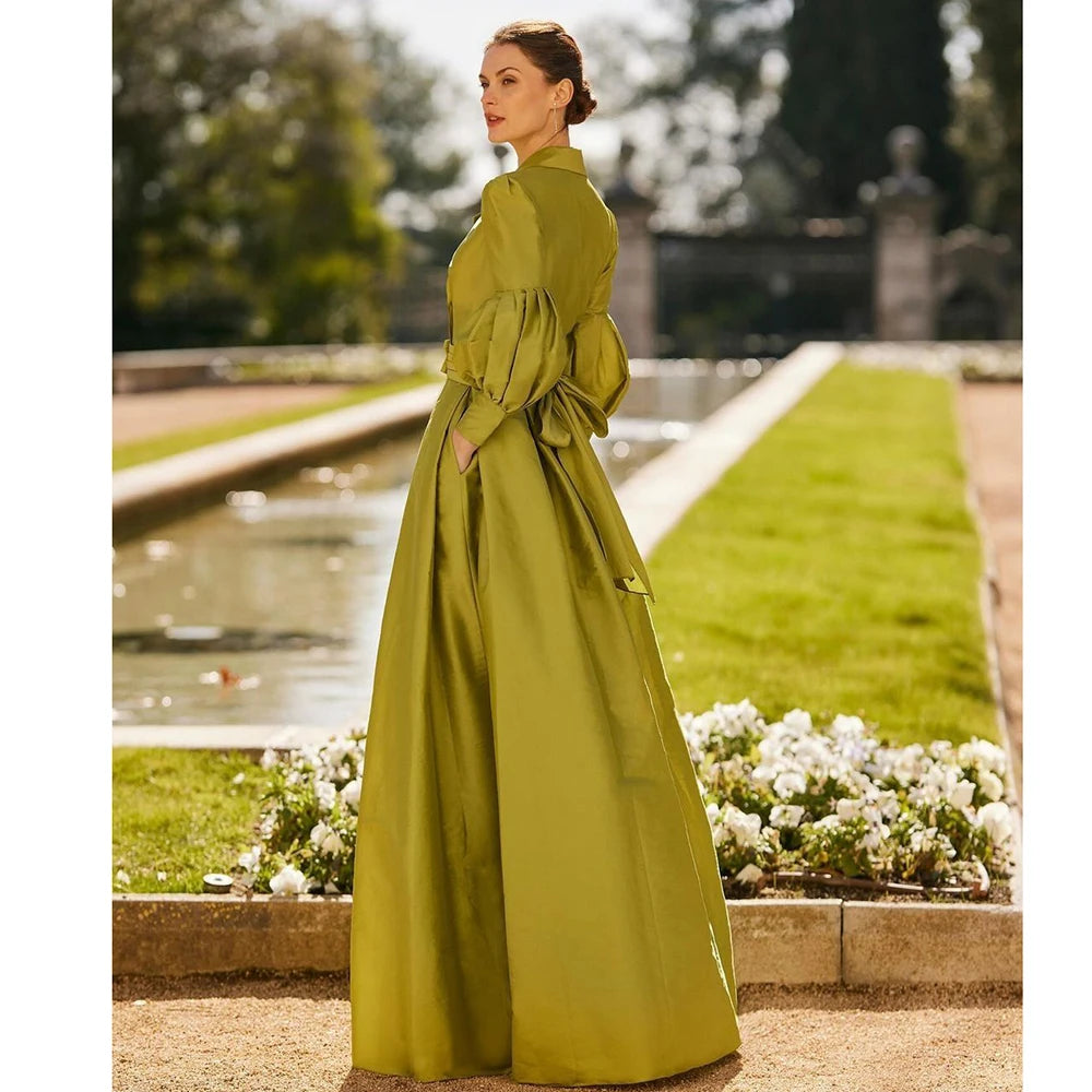Luxury Evening Dress Long Sleeve Floor Length Satin Solid Color Elegant A-Line Formal