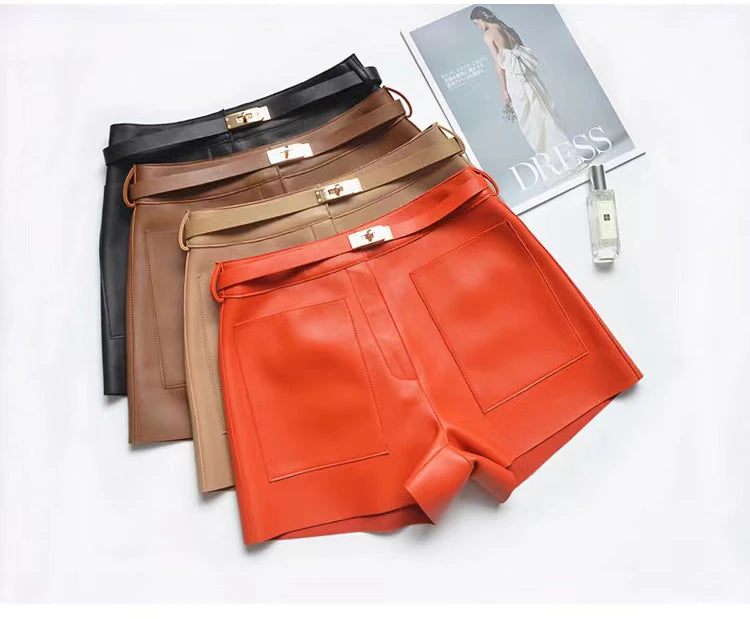 Real Sheepskin Leather Women Shorts