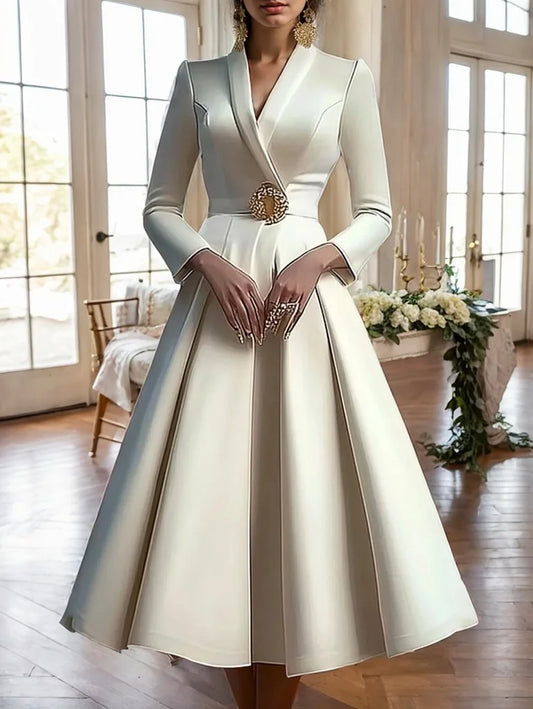 Elegant Evening Women's Party Dress Wrap V Neck Long Sleeve Pleated Midi Dress