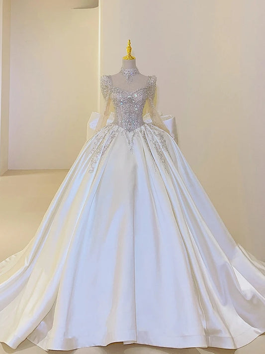 Satin Wedding Dress with Square Collar Lace up Luxury Bridal Ball Gown Floor-Length off the Shoulder with Train