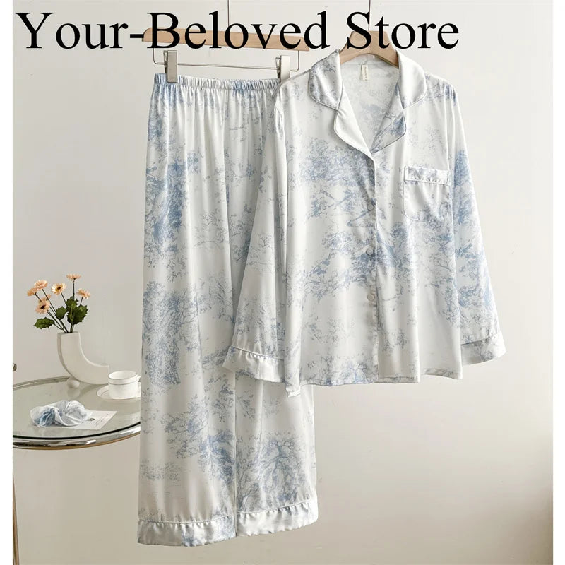 Red Sexy Pajamas Set Lapel Shirt & Pants for Lady Summer Spring 2Pcs Nightwear