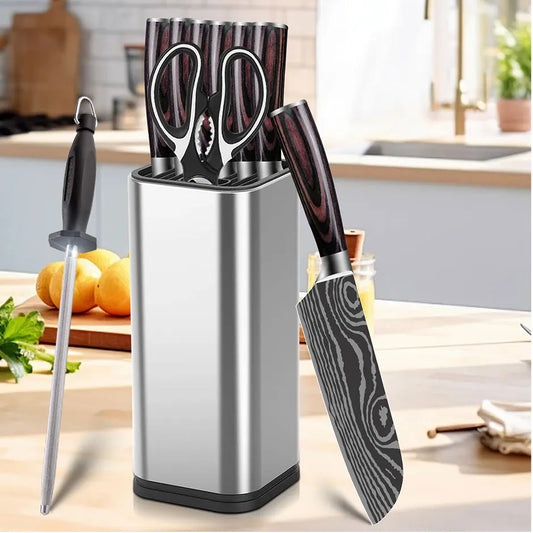 Damascus Laser Steel Kitchen Chef Knives with Shear Cutter and Wooden Handle