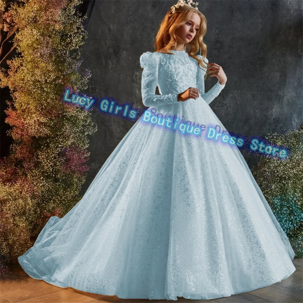 Luxury Sequins Flower Girl Dress For Wedding Party Baptism Birthday Gowns Tulle High Neck