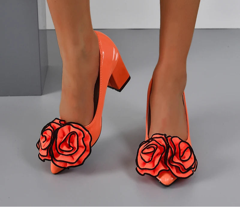 Big Flower Rose 7cm Square Heels Pumps Women Shoes