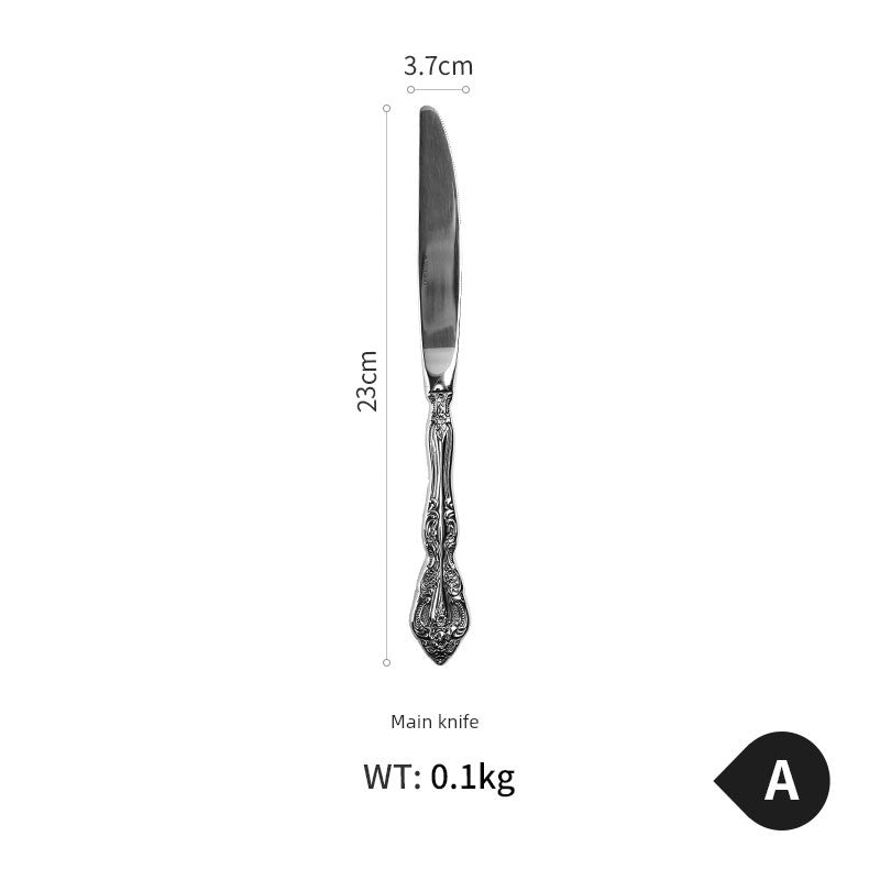European Style Vintage Engraving 18-10 Stainless Steel Western Food Knife and Fork Tableware Set Full Set Knife, Fork and Spoon Household Three-Piece Set