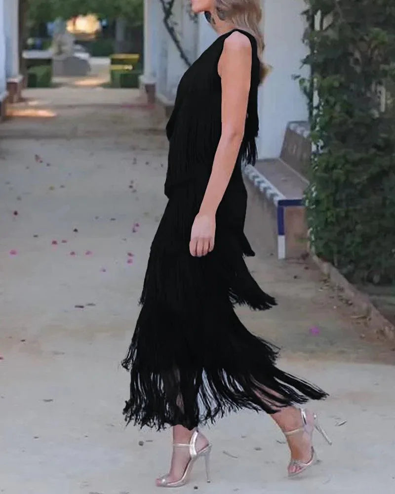 Spring and Summer Women's Fashion Fringed One Shoulder Asymmetrical Dress