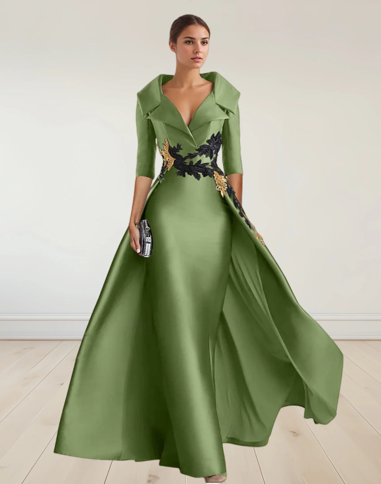 Elegant Evening Formal Gown Dress Floor Length 3/4 Length Sleeve with Appliques Beading A-Line