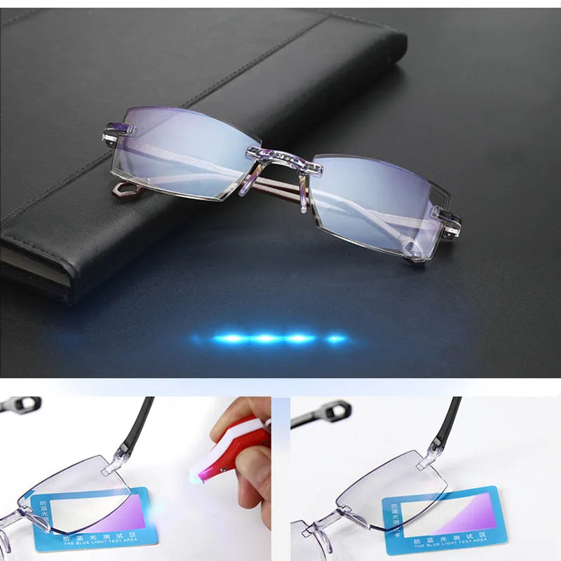 2 Pair Men Women Rimless Reading Glasses Anti Blue Light Bifocal Far Near Magnification Eyewear Presbyopic Glasses +150 +200