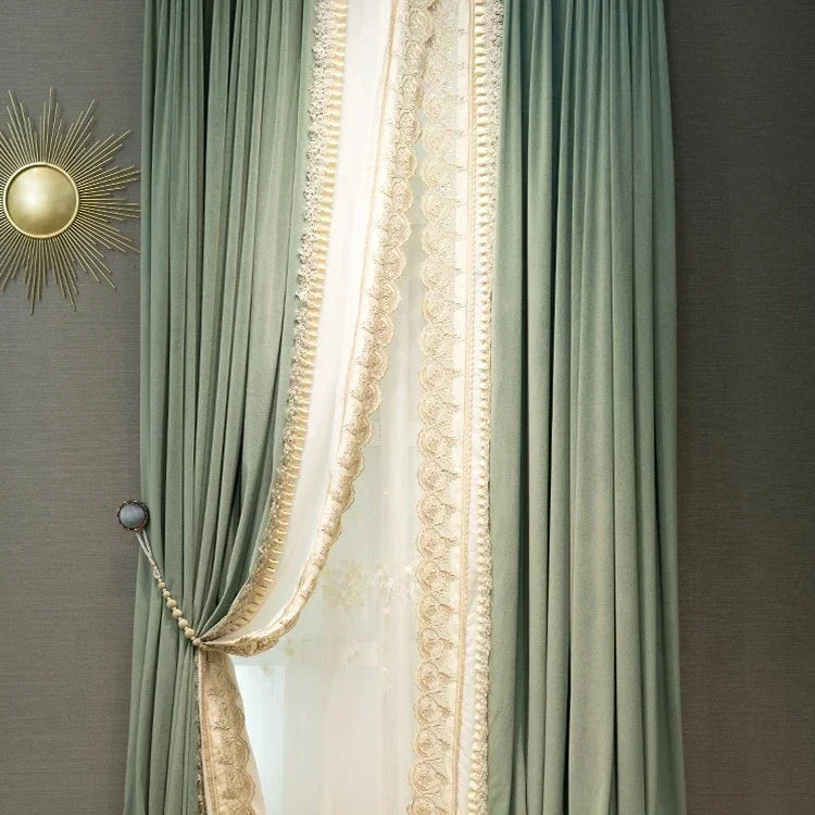 Luxury Turquoise Velvet Embroidered French Window Curtains Romantic Lace