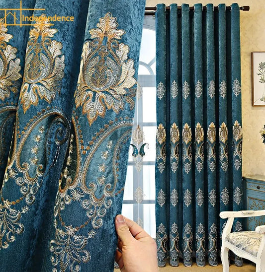 Thickened Blue Embroidery Chenille Shading Curtains for Living Room Bedroom Partition Curtain